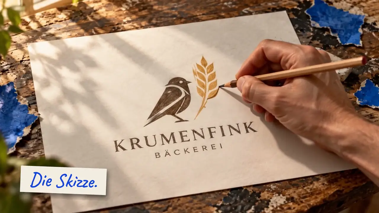 Eine Hand zeichnet das Logo einer kleinen Bäckerei, danach wandert es auf Tüte, Ladenschild, Lieferwagen und Webseite